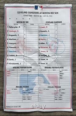 Authentic Game Used Lineup Card from 7/26/22 Boston Red Sox vs CLE Guardians MLB