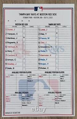 Authentic Game Used Lineup Card from 7/6/22 Boston Red Sox Tampa Bay Rays MLB