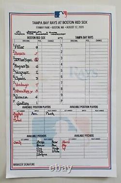 Authentic Game Used Lineup Card from 8/12/20 Boston Red Sox Tampa Bay Rays MLB