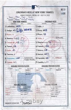 Game Used Aaron Judge Yankees Lineup Card Fanatics Authentic COA Item#12660749