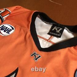 Game Worn Authentic Danbury Jr. Hat Tricks NAHL Hockey Jersey Used Orange XL
