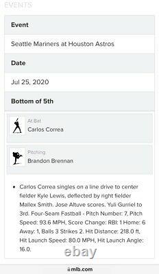 Carlos Correa Rbi Single- 7/25/20 V Seattle Mlb Jeu Authentifié Baseball D'occasion