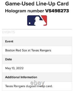 Carte de composition authentique utilisée lors du match MLB du 13 mai 2022 entre les Boston Red Sox et les Texas Rangers
