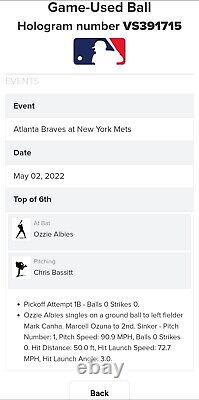 Ozzie Albies (single Hit #632) Jeu De Baseball Utilisé. Attestation D'une Autorisation De Mise Sur Le Marché Et De Mise Sur Le Marché 5/2/22