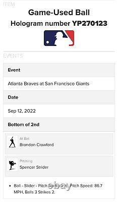 Specer Strider Game Used Mlb Authentic Braves Vs Giants 9/12/2022